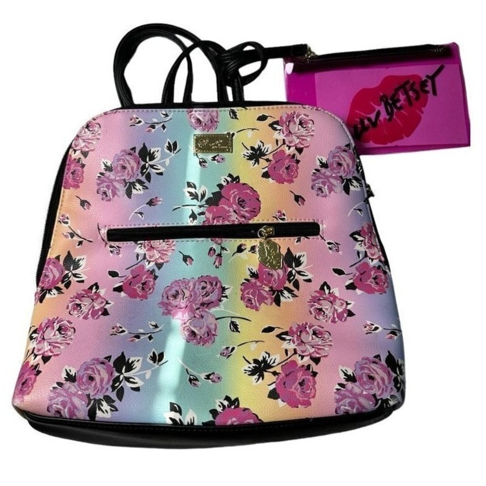 Luv Betsey by Betsey Johnson Rainbow Floral Rose Backpack with Pouch Pink Multi